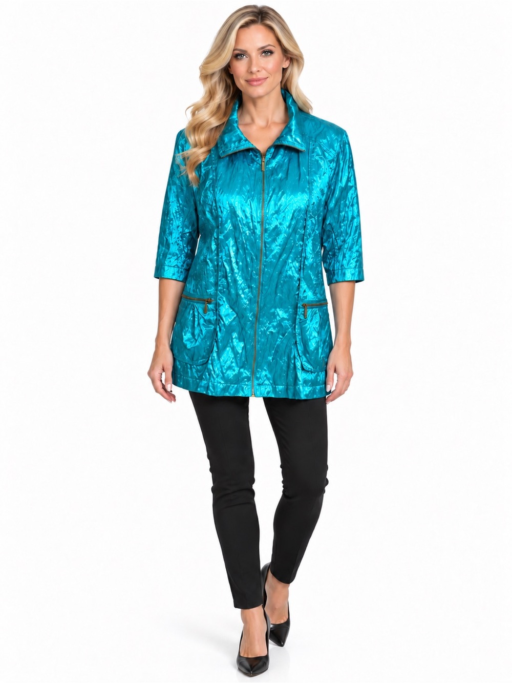 Ruby Rd Women’s 16W Turquoise Metallic Zip Front Jacket 3/4 Sleeve Pockets